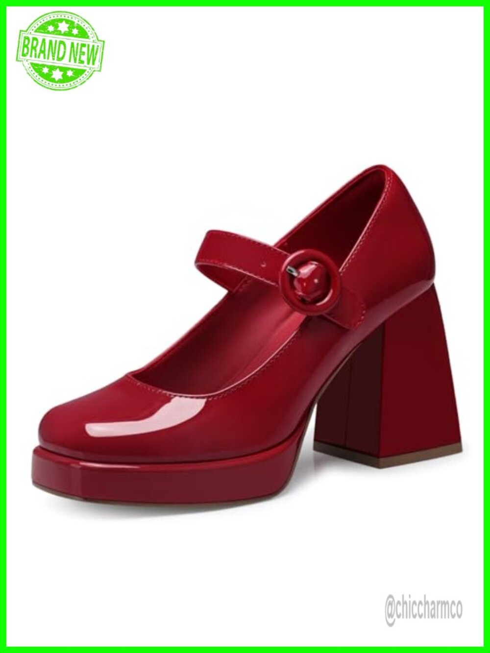 Women's Mary Jane Pumps with 3.75-Inch Chunky Heels - Faux Patent